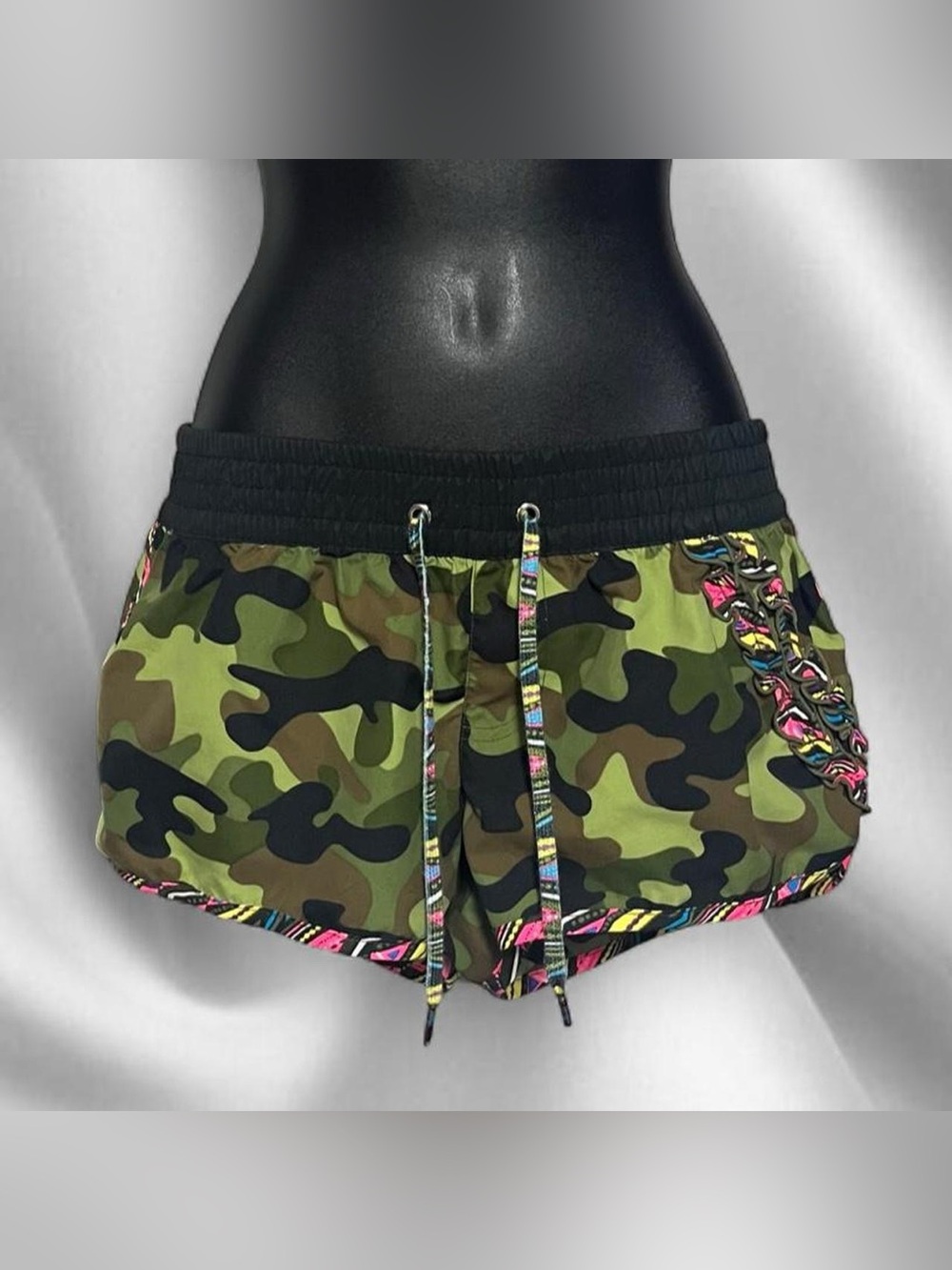 Y2K Op Camouflage Frilly Board Shorts